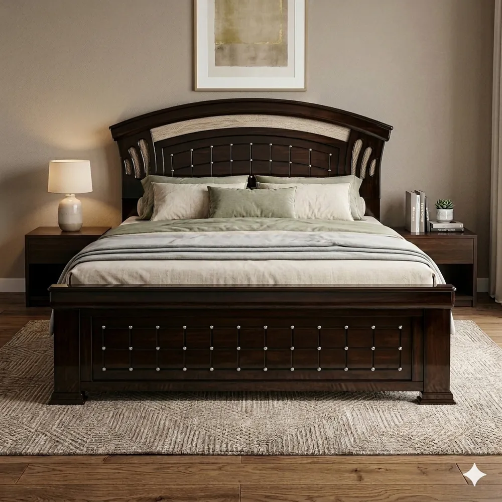 Arched Carved Headboard Bed, Dark Wenge