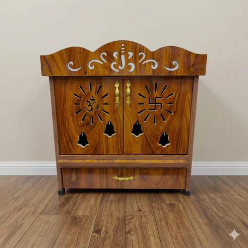 Carved Teak Finish Pooja Mandir with Drawer