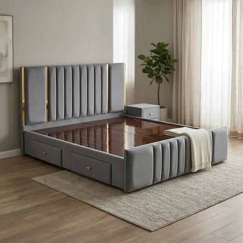 Grey Channel-Tufted Upholstered Storage Bed with Drawers