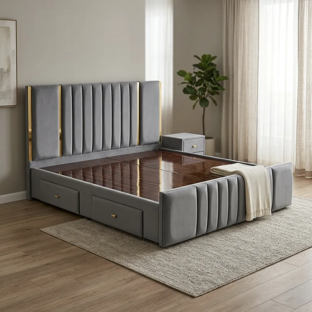 Grey channel-tufted upholstered storage bed made by Furniture House
