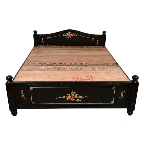 Hand-Painted Black Lacquer Floral Crest Cot