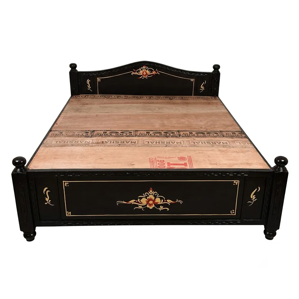 Hand-Painted Black Lacquer Floral Crest Cot