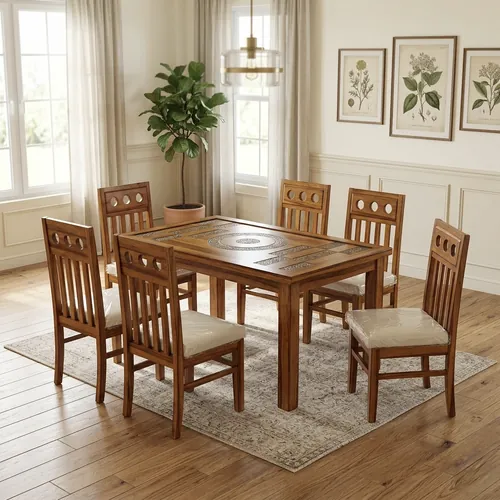 Honey Teak 6 Seater Dining Set with Cushioned Chairs