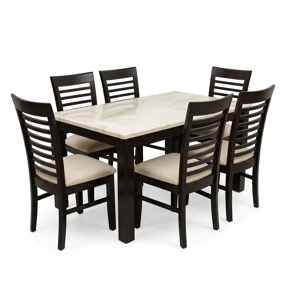 Marble Top 6 Seater Dining Set, Dark Frame