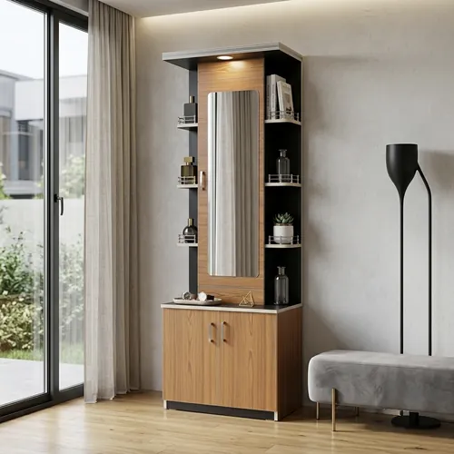 Teak & Black Open-Shelf Dressing with LED
