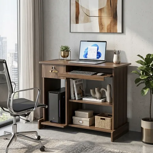 Walnut Computer Table with Shelves